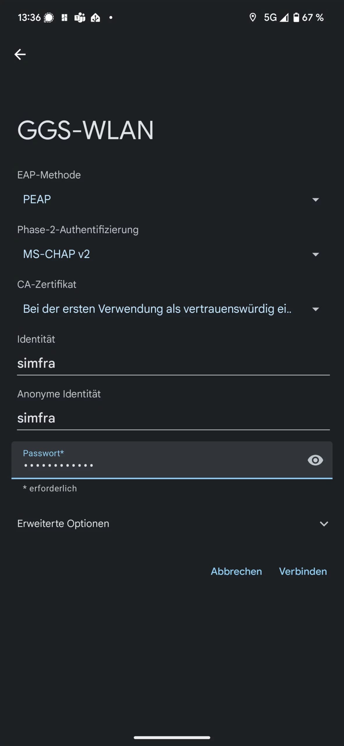 Android-Dialog für GGS-WLAN mit EAP-Methode PEAP, Phase 2 MS-CHAP v2, Identität und Passwort