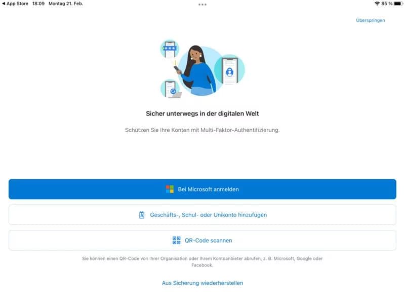 Startbildschirm der Authenticator App mit der Schaltfläche QR-Code scannen
