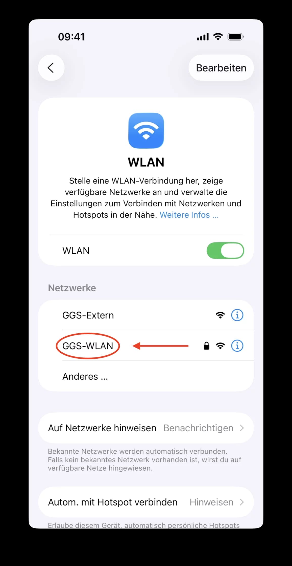 WLAN-Einstellungen am iPhone, GGS-WLAN in der Netzwerkliste markiert