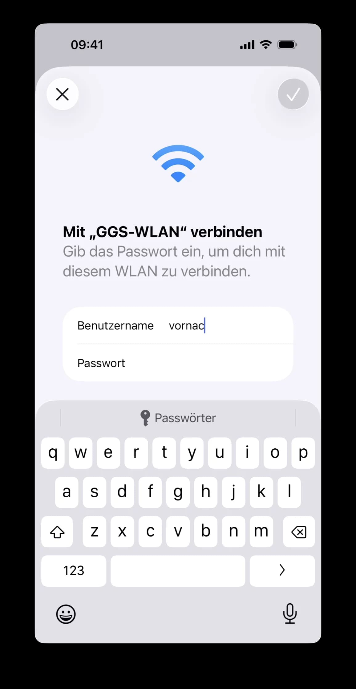 Anmeldefenster „Mit GGS-WLAN verbinden" mit den Feldern Benutzername und Passwort