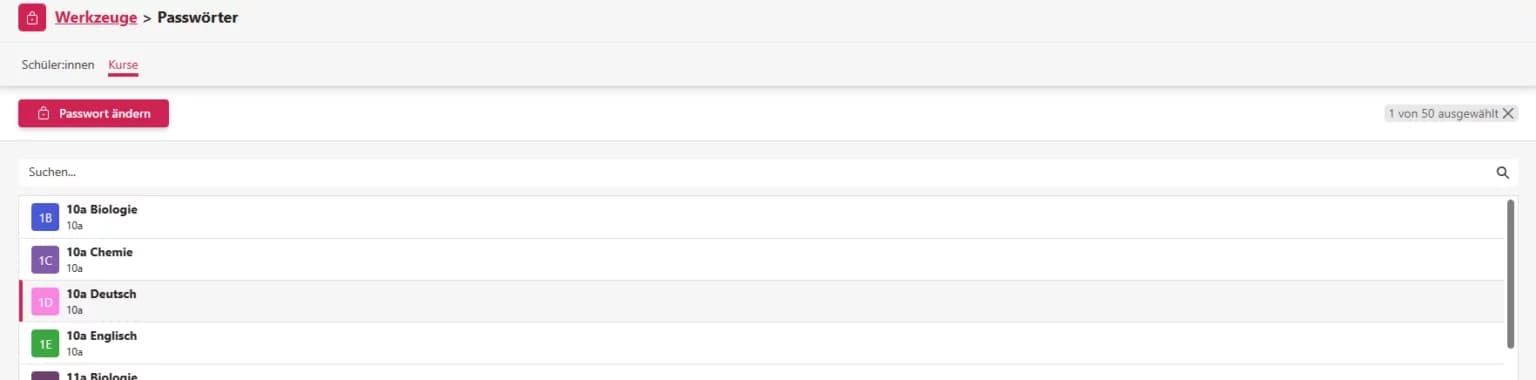 Reiter Kurse im Passwortmanager mit einem ausgewählten Kurs