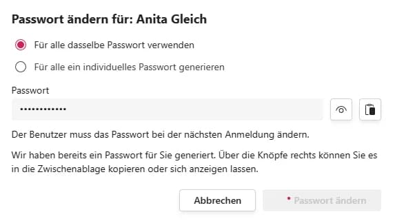 Fenster Passwort ändern mit Passwortfeld, Auge und Zwischenablage-Symbol